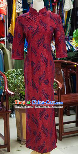 Traditional Ancient Chinese Republic of China Red Cheongsam, Asian Chinese Chirpaur Printing Qipao Dress Clothing for Women