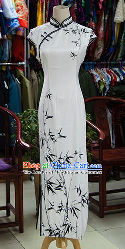 Traditional Ancient Chinese Republic of China White Cheongsam, Asian Chinese Chirpaur Ink Painting Bamboo Qipao Dress Clothing for Women