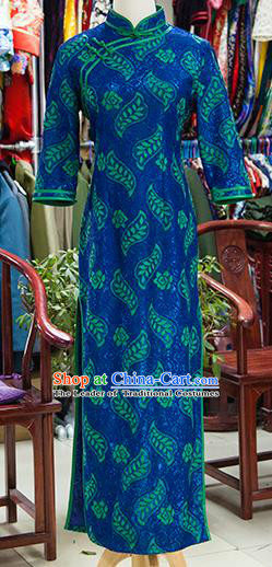 Traditional Ancient Chinese Republic of China Printing Deep Blue Cheongsam, Asian Chinese Chirpaur Qipao Dress Clothing for Women