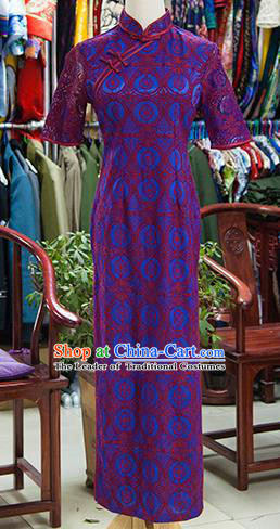 Traditional Ancient Chinese Republic of China Printing Purple Cheongsam, Asian Chinese Chirpaur Qipao Dress Clothing for Women