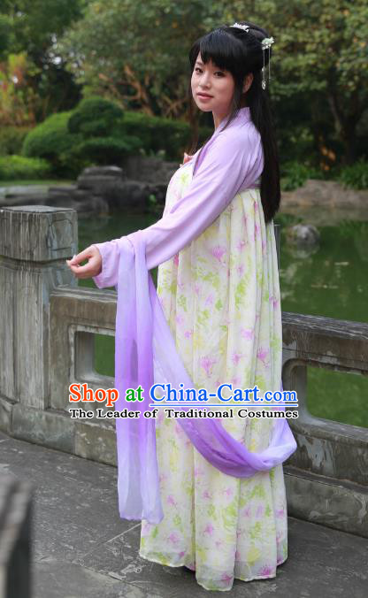 Traditional Ancient Chinese Imperial Princess Hanfu Printing Costume, Asian China Tang Dynasty Palace Lady Yellow Dress Clothing for Women