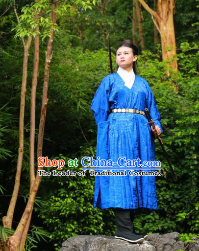 Traditional Ancient Chinese Imperial Bodyguard Hanfu Costume, Asian China Ming Dynasty Swordsman Blue Robe Clothing for Men
