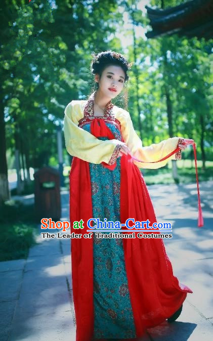 Traditional Chinese Ancient Palace Lady Costume Red Embroidered Slip Skirt, Asian China Tang Dynasty Imperial Concubine Hanfu Dress Clothing for Women