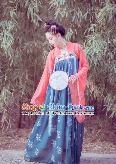 Traditional Chinese Ancient Costume Palace Lady Printing Navy Slip Skirt, Asian China Tang Dynasty Imperial Princess Hanfu Dress Clothing for Women