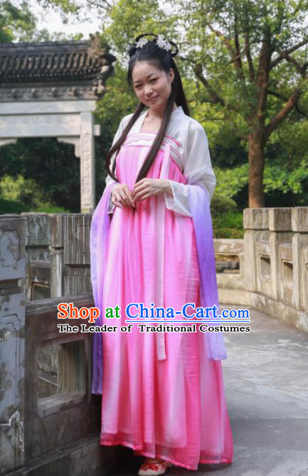 Traditional Ancient Chinese Princess Hanfu Costume, Asian China Tang Dynasty Palace Lady Rosy Dress Clothing for Women