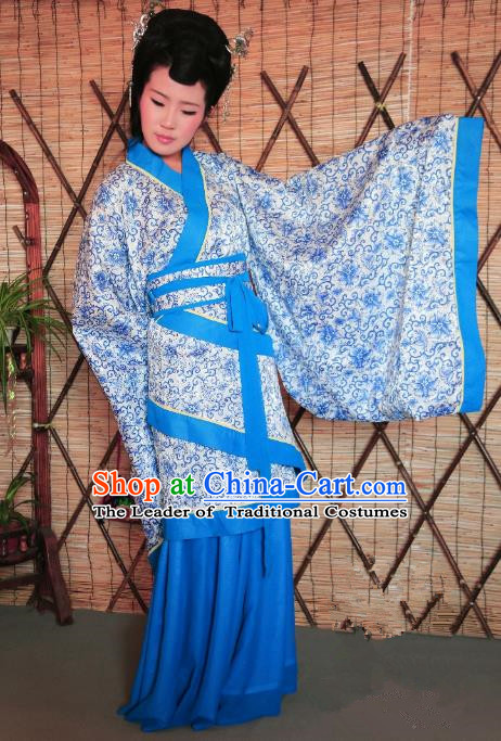 Traditional Chinese Ancient Young Lady Printing Costume Blue Curve Bottom, Asian China Han Dynasty Imperial Concubine Hanfu Clothing for Women