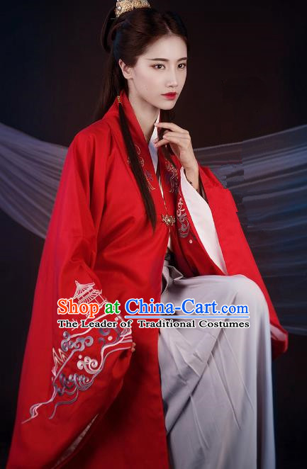 Traditional Ancient Chinese Palace Lady Hanfu Costume Red Embroidered Cloak, Asian China Ming Dynasty Princess Cardigan Clothing for Women