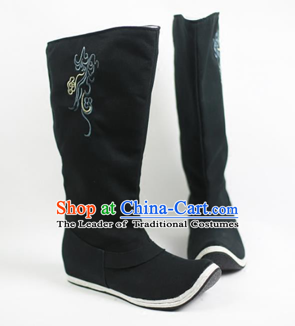 Traditional Ancient Chinese Hanfu Black Embroidered Boots, Asian China Tang Dynasty Minister Shoes for Men