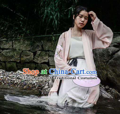 Traditional Ancient Chinese Young Lady Hanfu Costume Pink Embroidered BeiZi, Asian China Tang Dynasty Imperial Princess Cardigan Clothing for Women