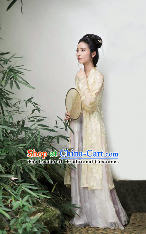Traditional Chinese Ancient Costume Palace Lady Embroidered Yellow BeiZi and Skirt, Asian China Song Dynasty Imperial Princess Hanfu Dress Clothing for Women