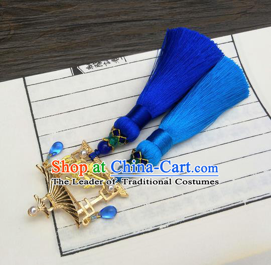 Traditional Handmade Chinese Ancient Classical Hanfu Accessories Blue Tassel Breastpin Pendant Brooch for Women