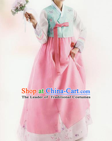 Traditional Korean Costumes Bride Formal Attire Ceremonial Blue Blouse and Full Dress, Korea Hanbok Court Embroidered Clothing for Women