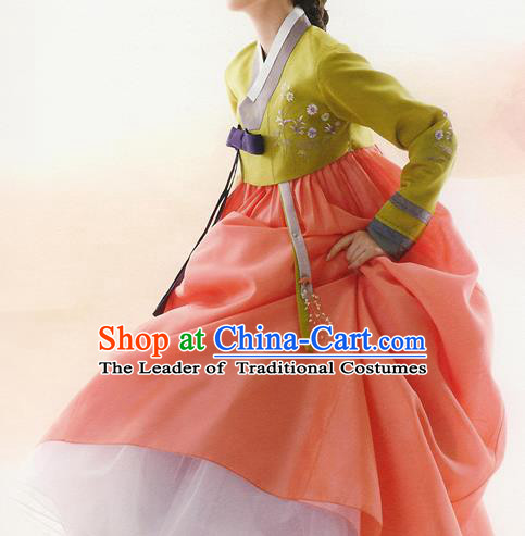 Traditional Korean Costumes Bride Formal Attire Ceremonial Green Blouse and Orange Dress, Korea Hanbok Court Embroidered Clothing for Women
