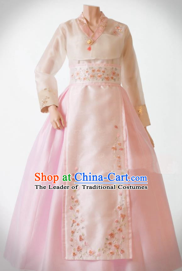 Traditional Korean Costumes Bride Wedding Pink Silk Dress, Korea Hanbok Princess Court Embroidered Clothing for Women