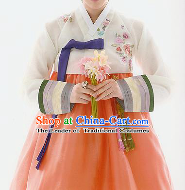 Traditional Korean Costumes Bride Wedding White Blouse and Orange Silk Dress, Korea Hanbok Princess Court Embroidered Clothing for Women