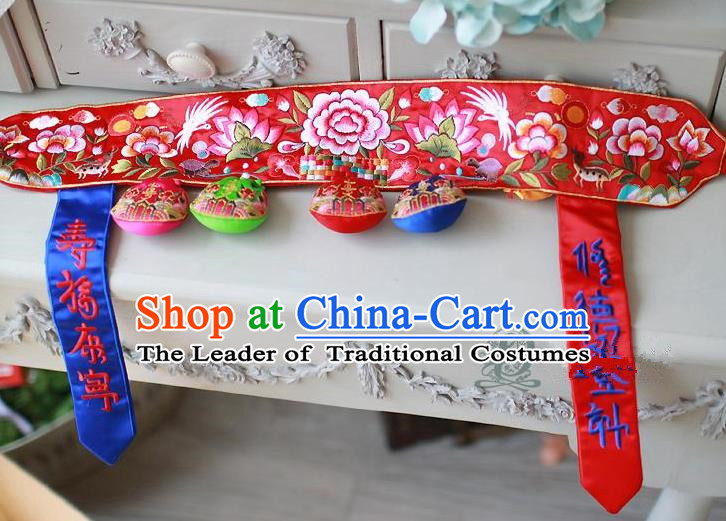 Traditional Korean Accessories Embroidered Red Waist Belts, Asian Korean Fashion Wedding Tassel Waistband Decorations for Kids