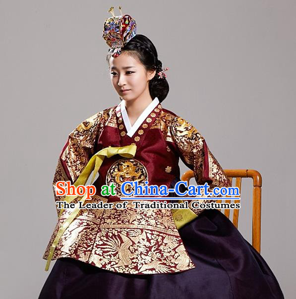 Asian Korean National Traditional Handmade Formal Occasions Costume, Palace Queen Wedding Embroidered Purple Hanbok Clothing for Women