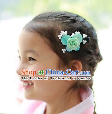 Traditional Korean Hair Accessories Blue Rose Butterfly Hair Stick, Asian Korean Hanbok Fashion Headwear Hair Claw for Kids