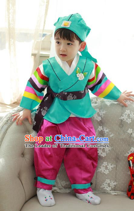 Asian Korean Traditional Handmade Formal Occasions Costume Palace Prince Embroidered Green Hanbok Clothing for Boys