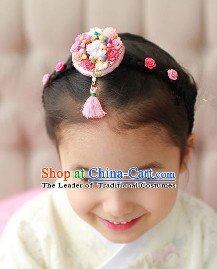 Traditional Korean Hair Accessories Embroidered Pink Flower Hair Clasp, Asian Korean Hanbok Fashion Headwear Headband for Kids