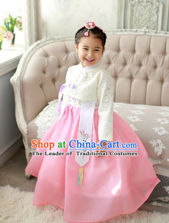 Asian Korean Traditional Handmade Formal Occasions Costume Palace Princess Embroidered White Lace Blouse and Pink Dress Hanbok Clothing for Girls