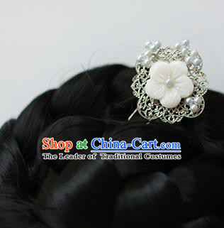 Traditional Korean National Hair Accessories Wedding White Shell Flowers Hairpins, Asian Korean Fashion Hanbok Hair Decorations Headwear for Women