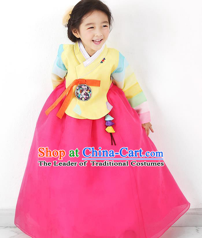Asian Korean National Traditional Handmade Formal Occasions Girls Embroidered Yellow Blouse and Rosy Dress Costume Hanbok Clothing for Kids