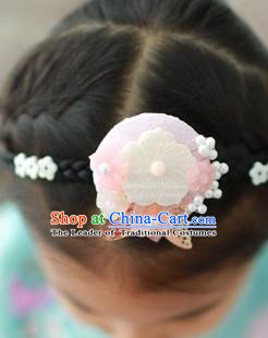 Traditional Korean Hair Accessories Shell Butterfly Flowers Hair Clasp, Asian Korean Hanbok Fashion Headwear Pink Headband for Kids