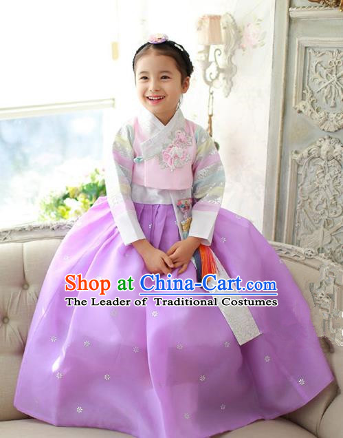 Korean National Handmade Formal Occasions Girls Embroidery Hanbok Costume Pink Blouse and Dress Complete Set for Kids