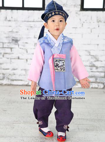 Asian Korean National Traditional Handmade Formal Occasions Boys Embroidery Light Blue Hanbok Costume Complete Set for Kids