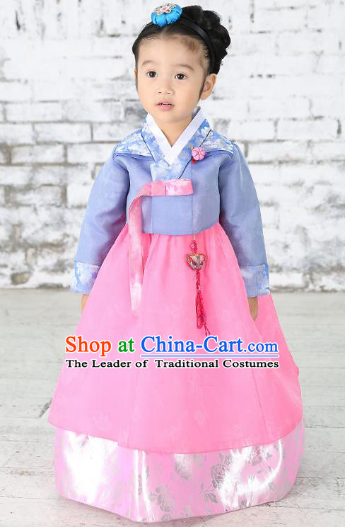 Traditional Korean National Handmade Formal Occasions Embroidered Blue Blouse and Pink Dress Girls Palace Hanbok Costume for Kids