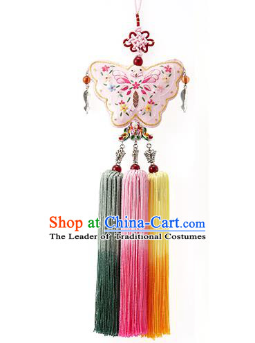 Korean National Accessories Bride Embroidered Pink Butterfly Waist Pendant, Asian Korean Wedding Hanbok Colorful Tassel Palace Taeniasis Waist Decorations for Women