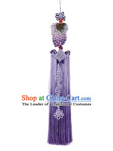 Korean National Accessories Bride Wedding Embroidered Grape Chinese Knots Waist Pendant, Asian Korean Hanbok Purple Tassel Waist Decorations for Women