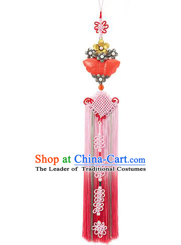 Korean National Belts Accessories Bride Wedding Jade Butterfly Chinese Knot Waist Pendant, Asian Korean Hanbok Orange Tassel Waist Decorations for Women