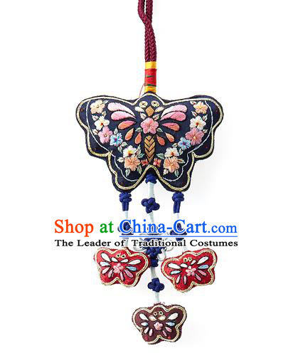 Asian Korean Hanbok Embroidered Butterfly Navy Waist Decorations, Korean National Belts Accessories Wedding Bride Waist Pendant for Women