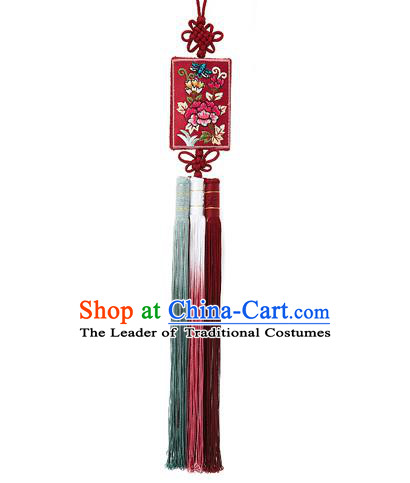 Korean National Belts Accessories Bride Wedding Embroidered Flowers Red Waist Pendant, Asian Korean Hanbok Orange Tassel Waist Decorations for Women