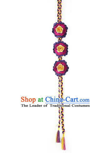 Asian Korean Hanbok Embroidered Purple Flower Tassel Waist Decorations, Korean National Belts Accessories Wedding Bride Waist Pendant for Women