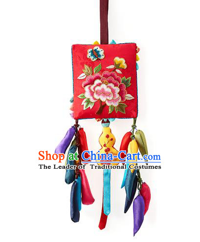 Asian Korean Hanbok Embroidered Peony Red Waist Decorations, Korean National Belts Accessories Wedding Bride Waist Pendant for Women