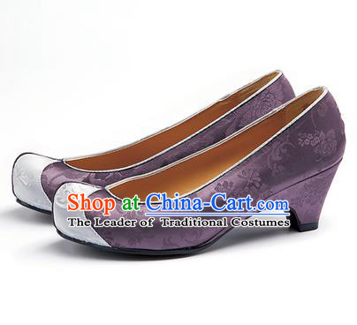 Traditional Korean National Wedding Purple Embroidered Shoes, Asian Korean Hanbok Bride Embroidery Satin High-heeled Shoes for Women