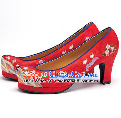 Traditional Korean National Wedding Embroidered Shoes, Asian Korean Hanbok Bride Embroidery Red High-heeled Shoes for Women