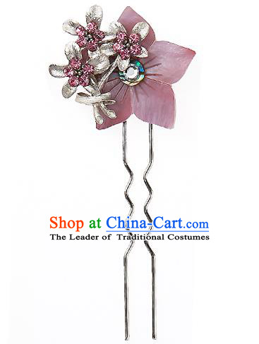 Traditional Korean National Wedding Hair Accessories Bride Palace Purple Flower Hairpins, Korean Hanbok Fashion Hair Stick Headwear for Women