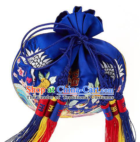 Traditional Korean Accessories Palace Princess Embroidered Blue Tassel Purse, Asian Korean Fashion Lucky Bag for Kids