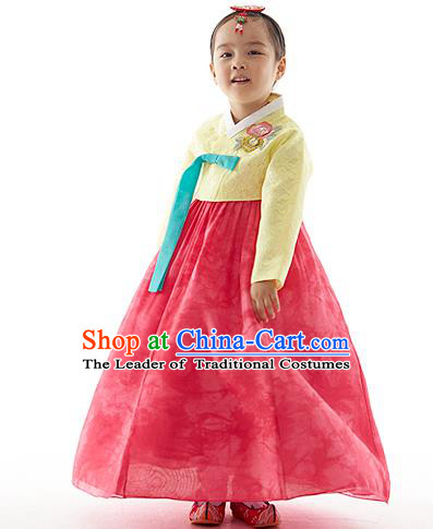 Asian Korean National Handmade Formal Occasions Wedding Clothing Yellow Lace Blouse and Red Dress Palace Hanbok Costume for Kids