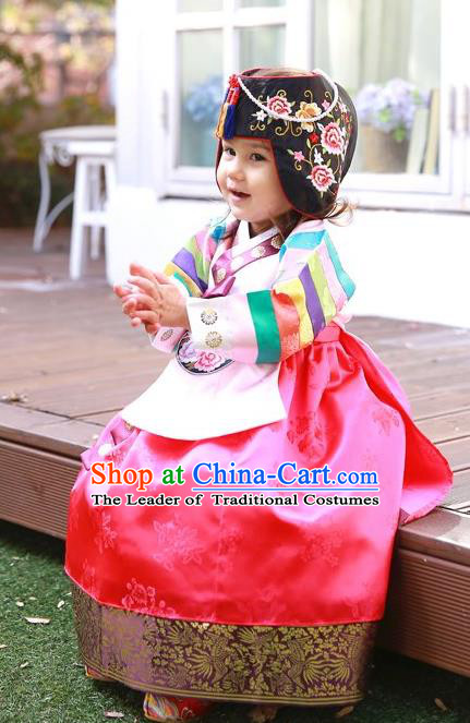 Asian Korean National Handmade Formal Occasions Wedding Bride Clothing Embroidered Pink Blouse and Red Dress Palace Hanbok Costume for Kids