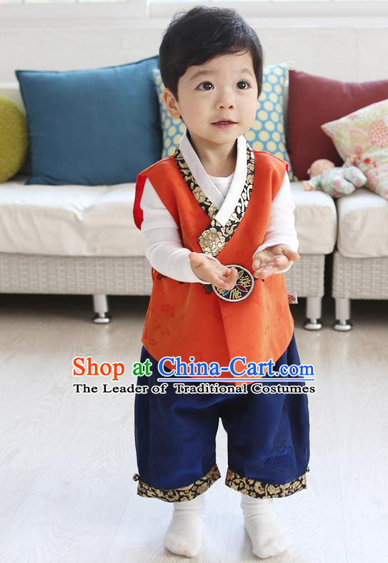 Asian Korean National Traditional Handmade Formal Occasions Boys Embroidery Orange Vest Hanbok Costume Complete Set for Kids