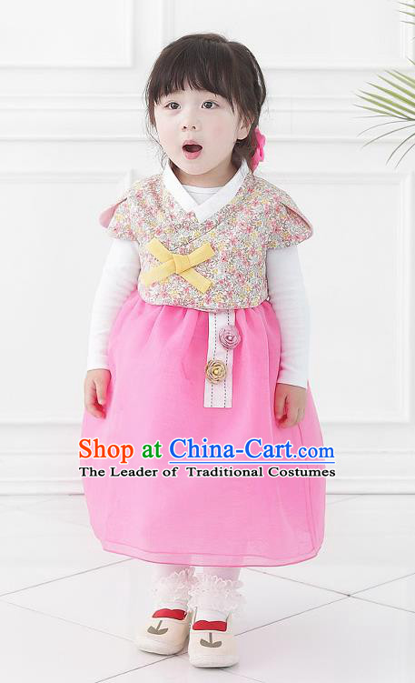 Asian Korean National Handmade Formal Occasions Wedding Bride Clothing Printing Vest and Pink Dress Palace Hanbok Costume for Kids