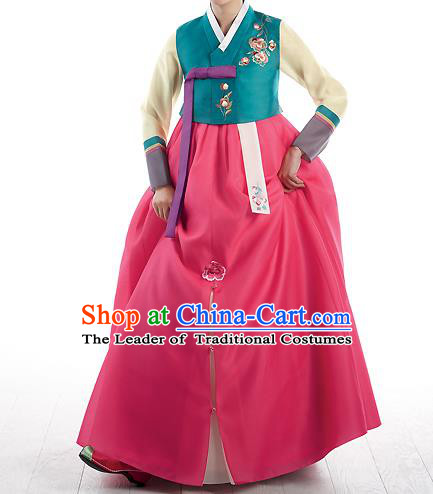 Korean National Handmade Formal Occasions Wedding Bride Clothing Embroidered Green Blouse and Red Dress Palace Hanbok Costume for Women