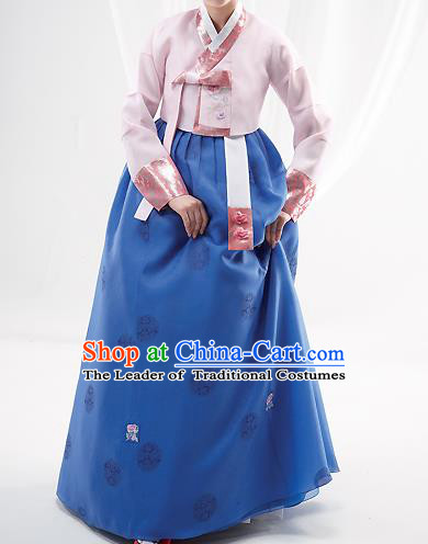 Korean National Handmade Formal Occasions Wedding Bride Clothing Embroidered Pink Blouse and Blue Dress Palace Hanbok Costume for Women