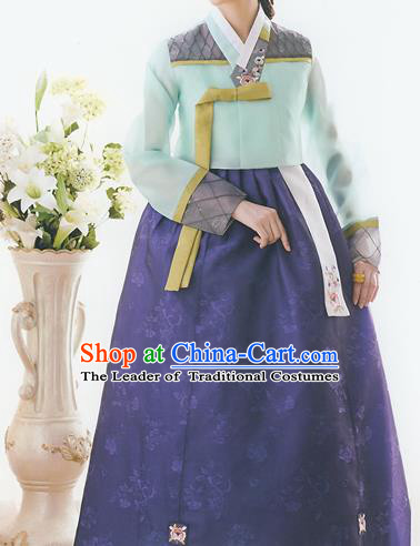 Korean National Handmade Formal Occasions Wedding Bride Clothing Embroidered Green Blouse and Blue Dress Palace Hanbok Costume for Women