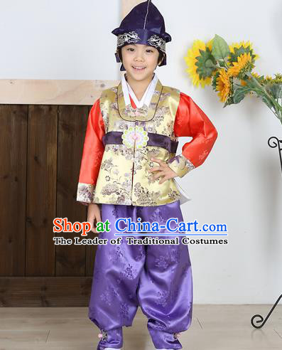Asian Korean National Traditional Handmade Formal Occasions Boys Embroidery Golden Vest Hanbok Costume Complete Set for Kids